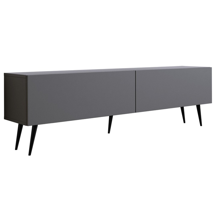 TV szekrény, nincs, antracit, 170 cm, 34 cm, 32 cm, 2 ajtó, 2 polc, nyomásra nyíló rendszer, fekete lábak, a szett tartalma: 1 x bútordarab, 1 x összeszerelési tartozék, 1 x összeszerelési útmutató, anyag: laminált bútorlap, bútorlap vastagsága: 16 mm