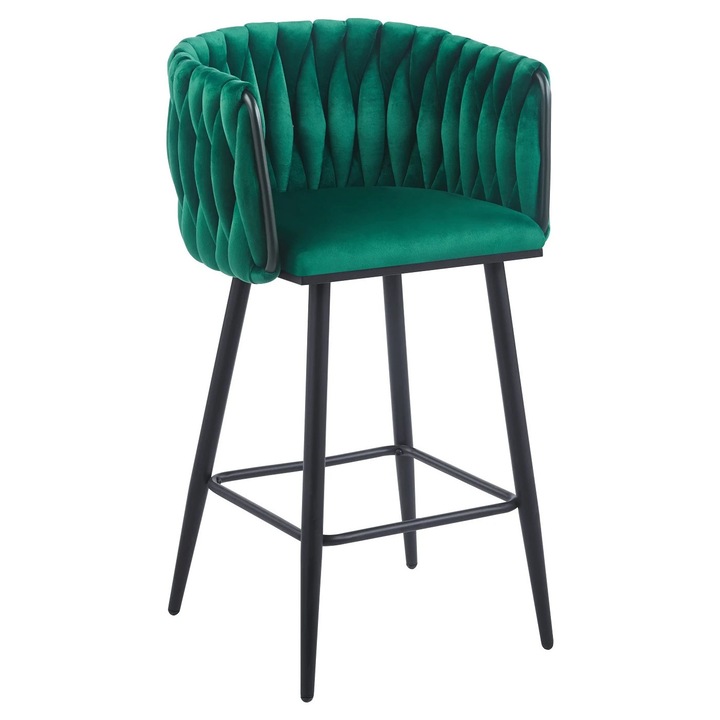 Set 2 Scaune Bar Topscaune, Catifea Verde/Negru, Picioare Metalice, Dimensiuni 55x51x91cm
