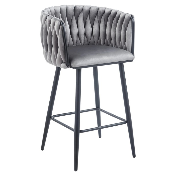 Set 2 Scaune Bar Topscaune, Modern Cu Spatar Impletit, Catifea Gri/Negru, 55x51x91cm