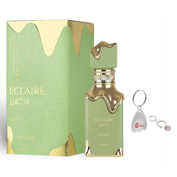 Set Apa de Parfum Eclaire Pistache, Lattafa, Unisex, 100ml Breloc Personalizat "PMD"-vel