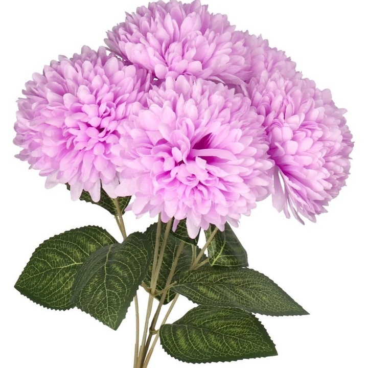 Buchet de crizanteme artificiale, DEKO, 5 flori, 45 cm, mov/verde