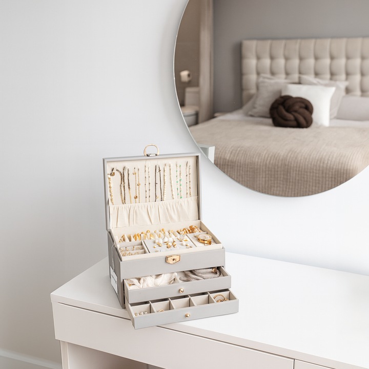 Ékszerdoboz, BE-ACTIVE.PL, nagy rendszerező fiókokkal, szürke, 30x20x15cm