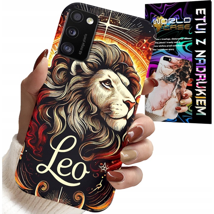 Husă pentru Samsung Galaxy A41, World Case, semn zodiacal Leu, multicolor, includes sticlă