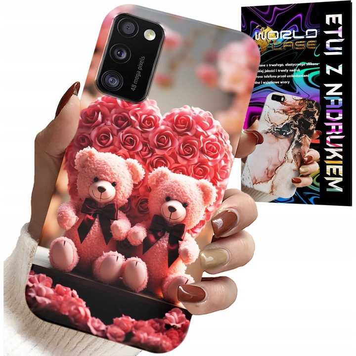 Carcasă pentru telefon, World Case, Samsung Galaxy A41, silicon, imprimare color, roz teddy bear family heart