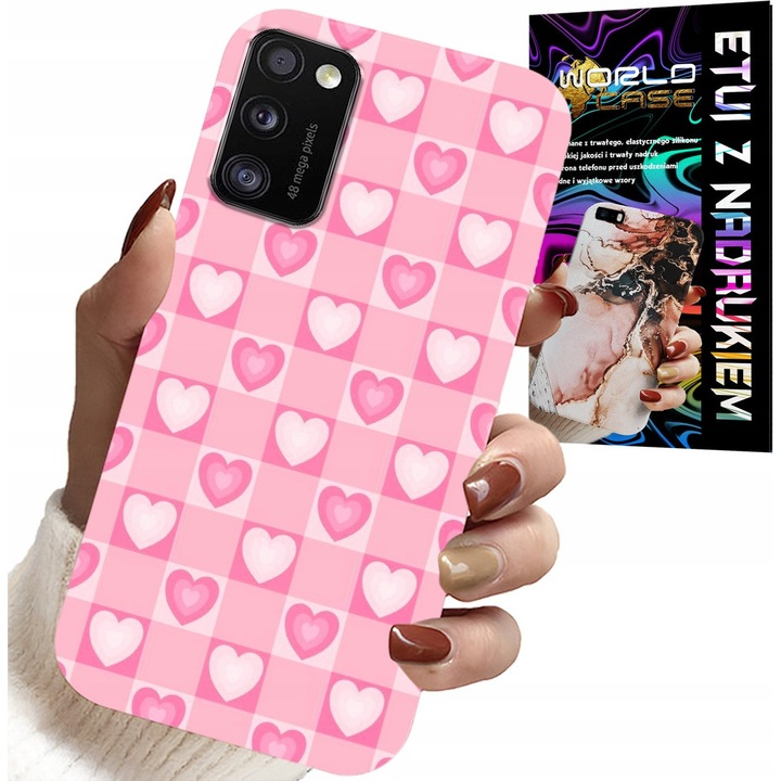 Carcasa telefon Samsung Galaxy A41, World Case, roz cu inimioare, silicon, set cu sticlă protectoare