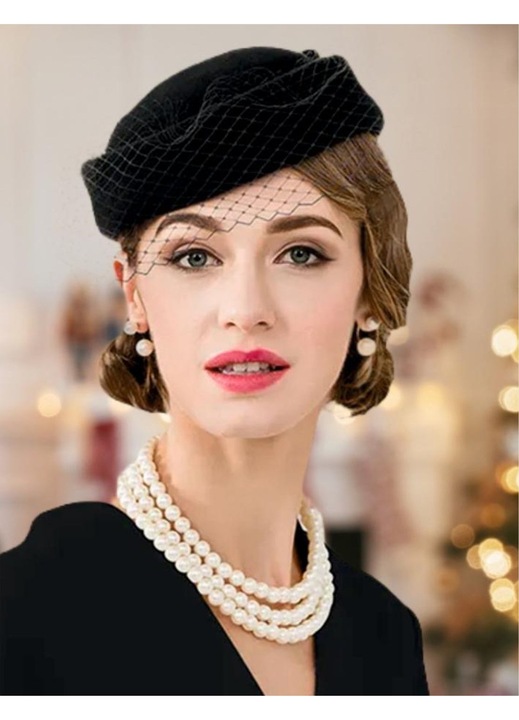 Palarie dama Confortino Miss Paris, lana, neagra, marime unica reglabila, 14x10cm