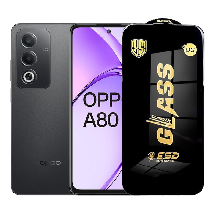 Folie ecran pentru Oppo A80, Sticla Securizata ESD, Margini Negre, Rezistenta la Zgirieturi