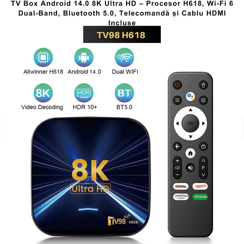 TV Box, LexMat, Android 14, 8K, 4K HD, WiFi 6, Telecomanda TV Box, LexMat, Android 14, 8K, 4K HD, WiFi 6, Telecomanda