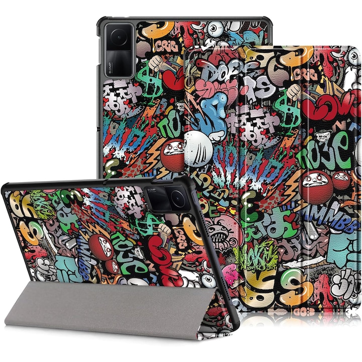 Husa Sigloo pentru tableta Xiaomi Redmi Pad 2 – Slim, Tri-Fold Magnetic, Piele Ecologica, Antisoc, Stand Reglabil, – model Graffiti