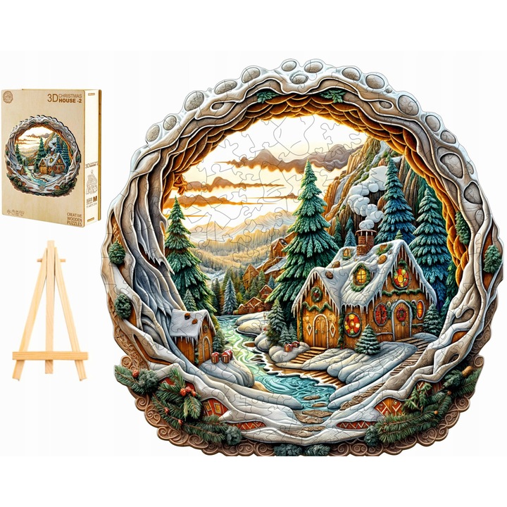 Fa kirakó, 3D téli házikó, gyerekeknek és felnőtteknek, 280 darab, fadoboz, többszínű