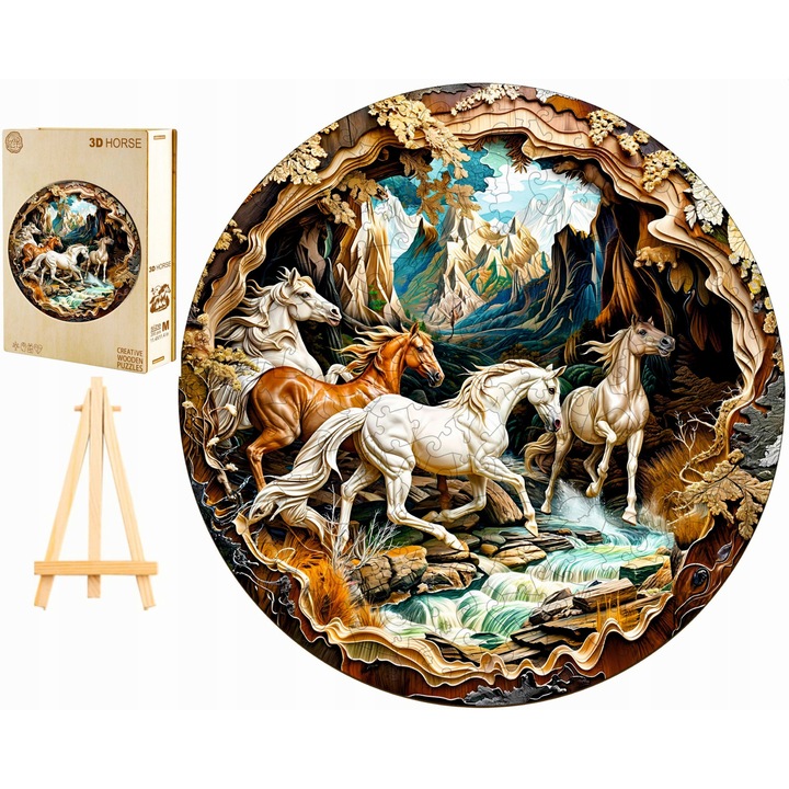 Fa kirakó, 3D vágtató lovak, gyerekeknek és felnőtteknek, 300 darab, fadoboz, többszínű
