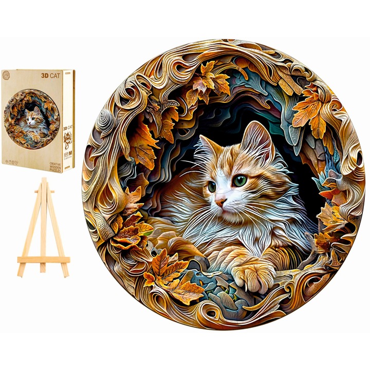 Дървен пъзел, 3D котка, за деца и възрастни, 300 части, дървена кутия, многоцветен