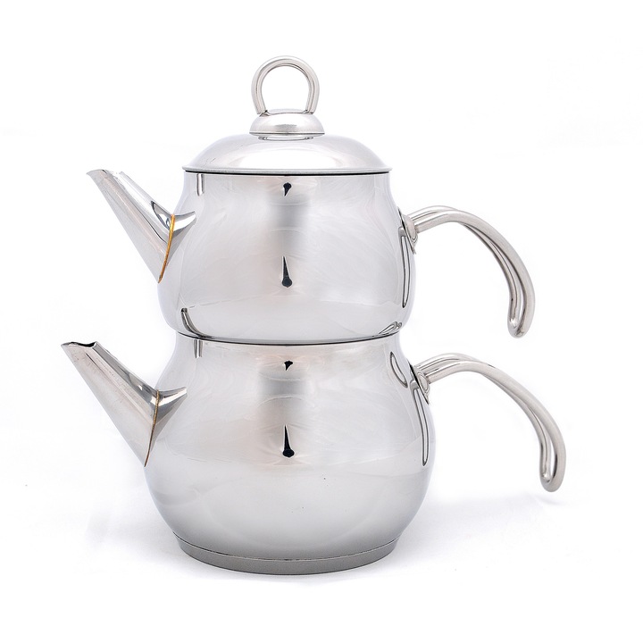 Fierbător dublu de ceai Hunkar 2,2L, argintiu, set pentru 4-6 persoane, 0,8L + 1,4L, inox
