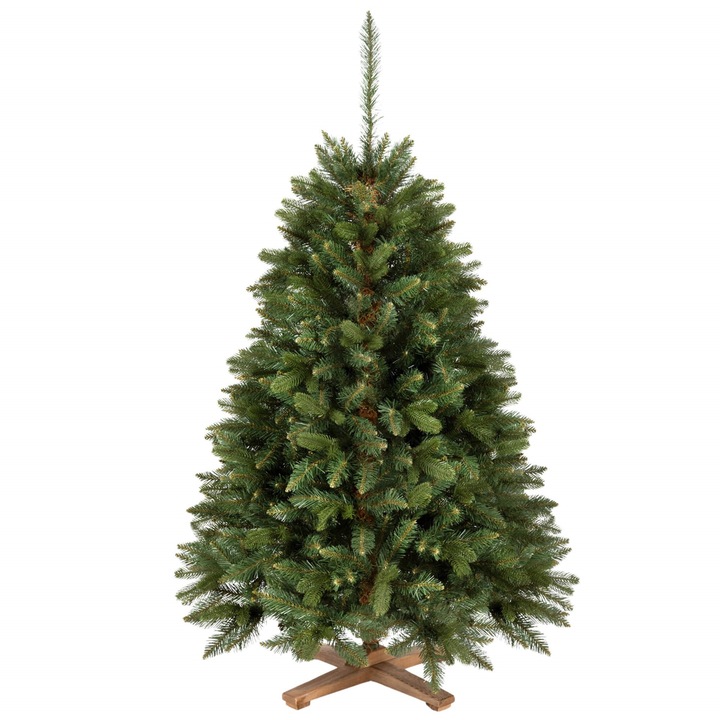 Brad de Craciun artificial, Royal Trees, 150 cm, molid siberian, cu suport din lemn, cu husa, cu manusi, material ignifug, folie ecologica, crengi dese, cadru intarit, culoare verde, setul include: brad de Craciun, suport, husa, manusi, material: PE