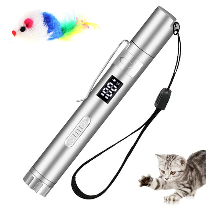 Laser pentru pisici, 7-in-1, cu modele variate, argintiu, 1.6x1.6x12.6cm, include jucarie mica soarece