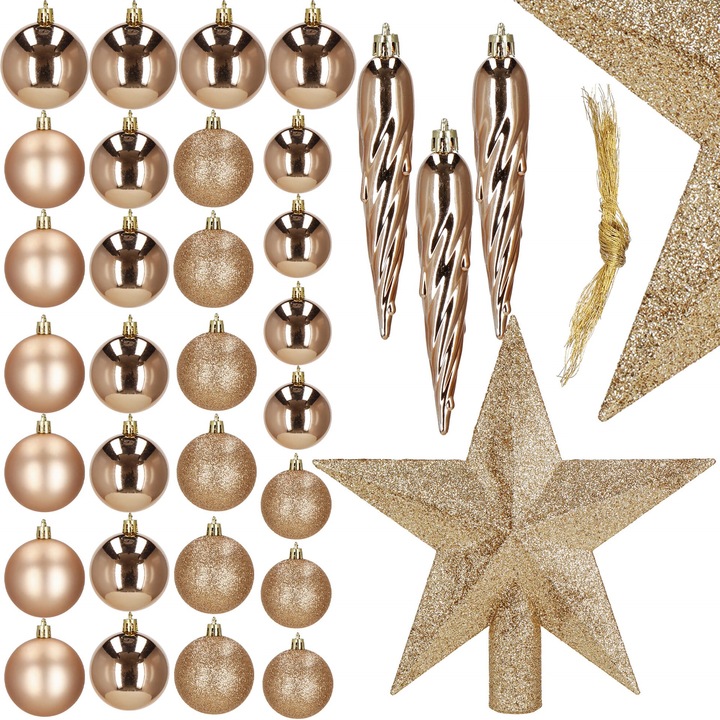 Globuri de Craciun, Springos, set de 33 de piese, dimensiune 5/6/7/8 cm, culoare auriu-roz, rezistente la spargere, decoratiuni mate/sclipitoare/cu sclipici/turturi, snururi de agatat incluse, material: plastic, contine 4 globuri stralucitoare 7 cm, 6