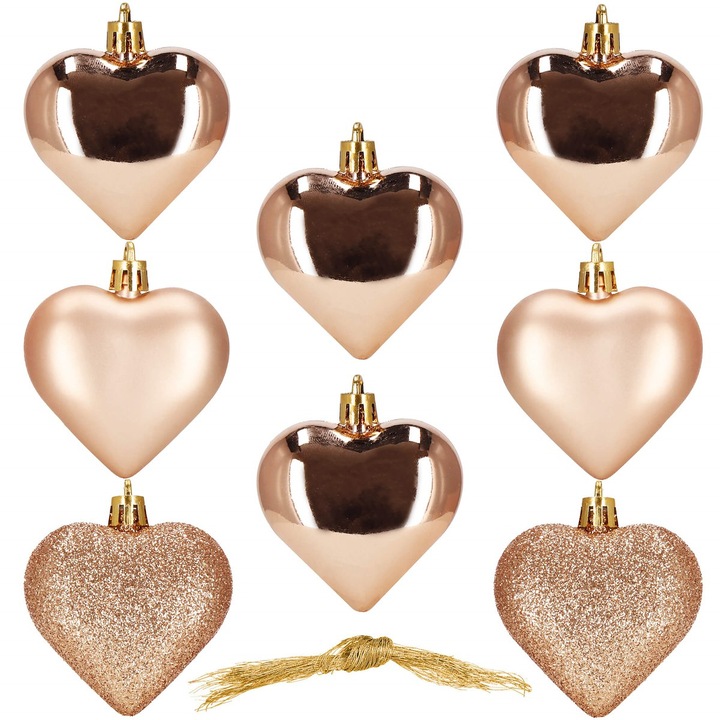 Globuri de Craciun, Springos, inima, 7 cm, 8 bucati, rezistente la spargere, auriu roz