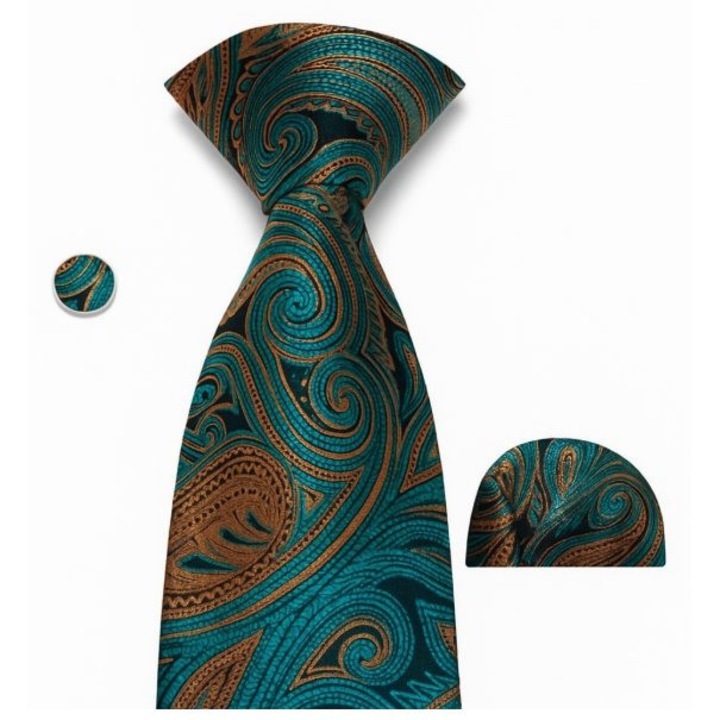 Set cravată, multicolor, mătase, batistă și butoni