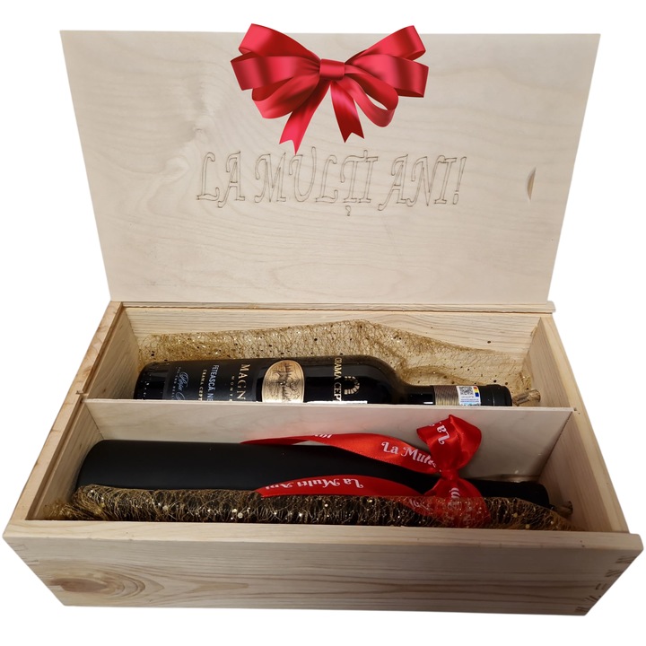 Pachet cadou La Multi ani, cu cutie lemn Wine Box, vin si set accesorii pentru iubitorii de vin, ambalaj decorativ