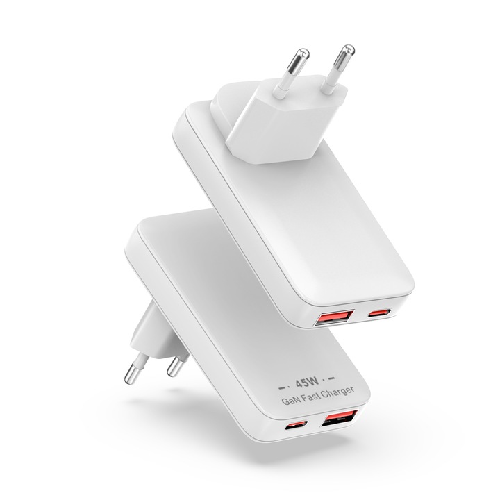 Incarcator USB C de 45W, Bloc de Incarcare USB de Perete Plat, Adaptor de Alimentare Ultra-subtire cu Porturi USB-C si USB-A, Incarcare Rapida PD, Compatibil Excelent cu iPhone 14/15/16/17 Pro/Max si Samsung Galaxy