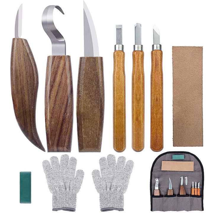 Комплект за скулптура от 10 части, ZGGZERG, резци за скулптура, с ръкавици и чанта за съхранение, многоцветен, 21x9.5x9.5см