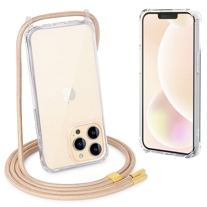 Átlátszó telefontok, PHCATION, iPhone 17, 1+1 szett, ütésálló, arany, állítható zsinór 160cm