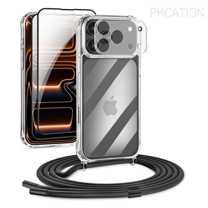 Husa Transparenta pentru iPhone 17 Pro Max, Antisoc, cu Snur Reglabil Integrat 160cm, Protectie Superioara, Negru