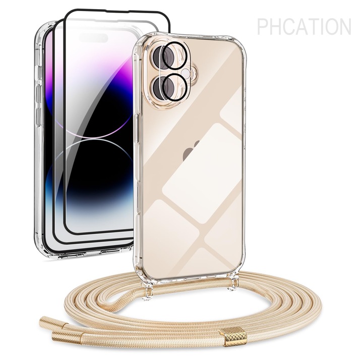 Átlátszó telefontok, PHCATION, iPhone 17-hez, 1+1 szett, ütésálló, arany, állítható zsinór 160cm