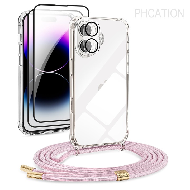 PHCATION átlátszó tok iPhone 17-hez, állítható zsinórral, ütésálló védelem, rózsaszín, 1+1 szett