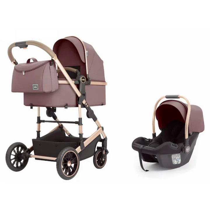 3 az 1-ben babakocsi – megfordítható, sport rész és autósülés, összecsukható, termotáska, alumínium váz, felfüggesztésekkel, 0-36 hónapos korig, lila szín
