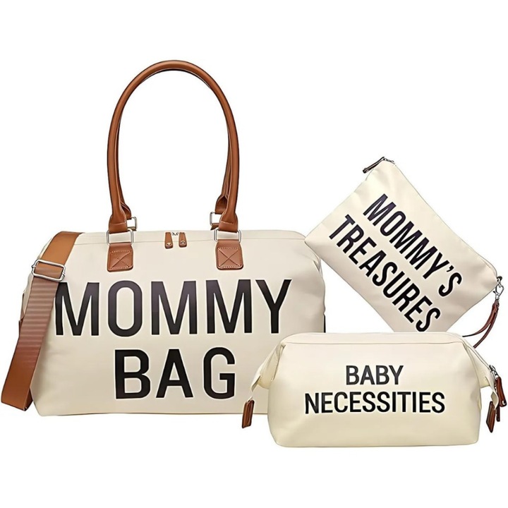 Geanta Mommy Bag Macvi® cu 2 gentute incluse, multiple compartimente si spatii pentru depozitare, ideala pentru maternitate si calatorii, alb