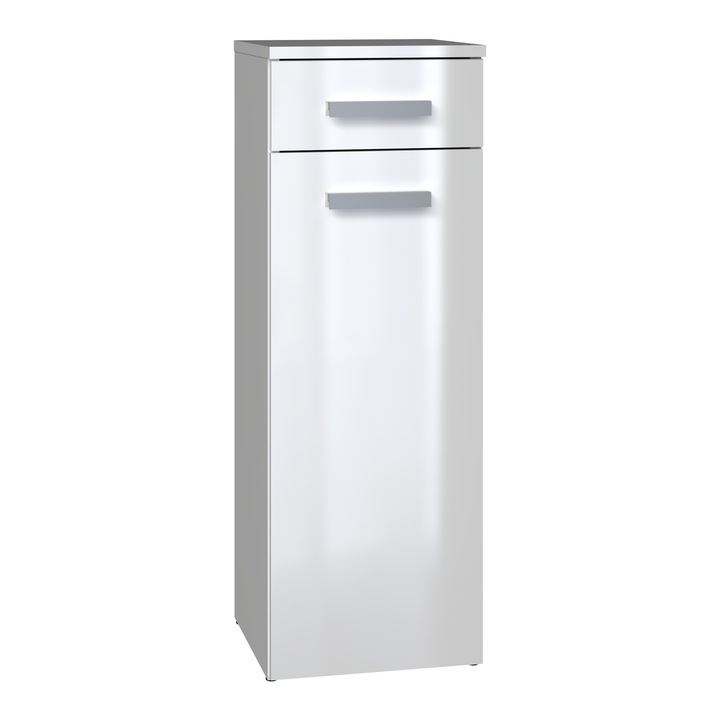 Fürdőszobaszekrény, 3xe living, 85 x 30 x 30 cm, 1 ajtó, 1 fiók, matt fehér / fényes fehér, összeszerelő készlet, anyaga farostlemez, tartós, modern dizájn, könnyű