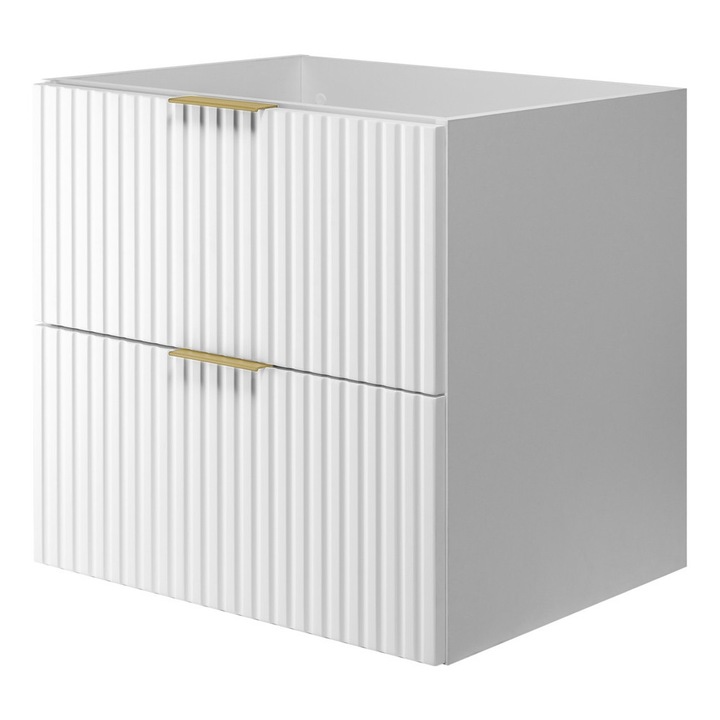 Mosdó szekrény, fehér, 60 cm, 57 cm, 46 cm, arany fogantyú, munkalap nélkül, minimalista kivitel, 2 tágas fiok, összeszerelhető, szett tartalma: 1 db szekrény, 1 db rögzítőkészlet, 1 db felhasználói kézikönyv, MDF, laminált anyag, elegáns