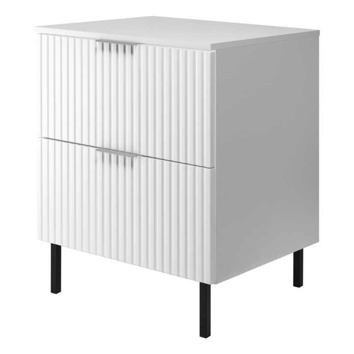 Mosdó szekrény, fehér, 60 x 77 x 46 cm, ezüst fogantyú, fekete lábak, minimalista kivitel, 2 fiók, 1 db rögzítőkészlet, 1 db összeszerelési útmutató, MDF, laminált bútorlap, önbeszerelhető, elegáns