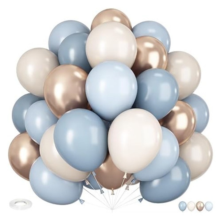 60 darabos lufi szett, 12 hüvelykes, Mei Nai Er, kék, fehér és arany, tematikus partikhoz