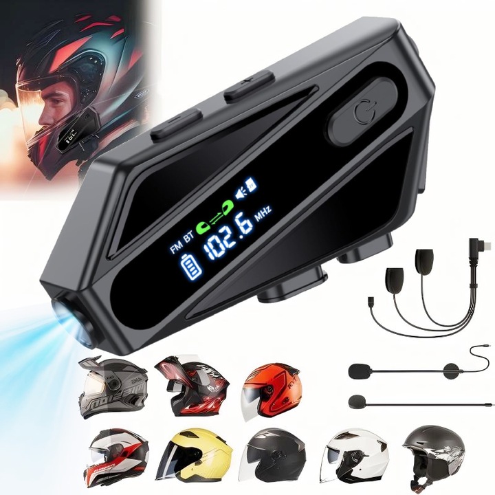 Система за комуникация за мотоциклети, Мото интерком, разстояние до 600м, LED дисплей, автоматичен отговор, с фенерче, 1000 mAh, Bluetooth, шумопотискане, събуждане, слушане на музика, гласова навигация, за мотоциклети, ски/колоездене, водоустойчив, IPX6