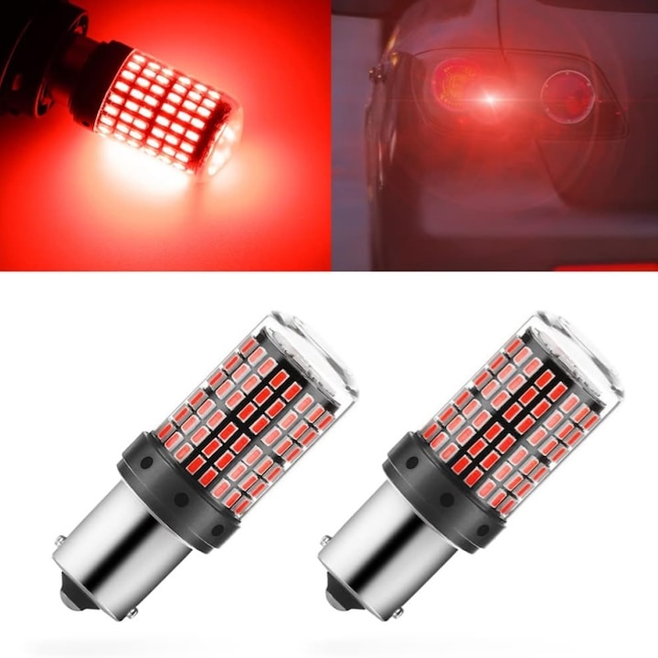 Комплект 2 LED автомобилни крушки BA15S 1156/P21W/3014, 144LED SMD, червена светлина с 2 фази, за спирачки, задна позиция, мигач, задна светлина или дневни светлини, удължен живот до 55 000 часа, AjieQaQ, червен