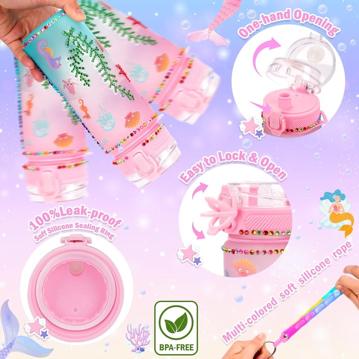 Sticla de apa creativa pentru copii DIY, Axroad Mall, 600ml, Design Unicorn, Cu accesorii, piatra pretioasa, stalp, snur, Material eco, Fara BPA, Dezvolta abilitatile manuale, + 3 ani, Pentru cadouri si cadouri, Roz