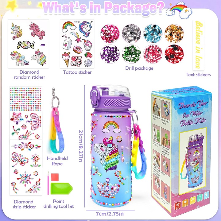 Sticla de apa creativa pentru copii DIY, Axroad Mall, 600ml, Design Unicorn, Cu accesorii, piatra pretioasa, stalp, snur, Material eco, Fara BPA, Dezvolta abilitatile manuale, + 3 ani, Pentru cadouri si cadouri, Violet