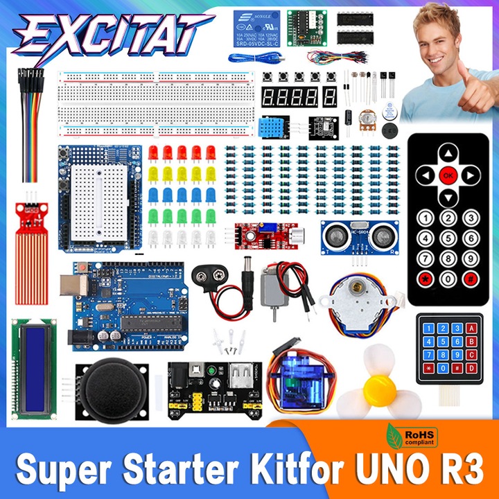 Excitat®, Set Componente Electronice, Kit de programare Arduino Starter UNO R3, LCD1602, Pentru incepatori, Display LCD, Fotorezistor LDR, motor pas cu pas, servo motor SG90, set multicolor