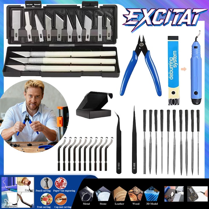 Set de scule pentru imprimanta 3D, Excitat®, format din 38 de piese, pentru imprimare 3D, intretinere, curatare, dezasamblare si taiere