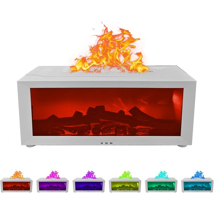 Macvi® 3D интелигентен овлажнител за въздух с ефект на пламък, ароматерапия, 200 мл резервоар, многоцветен LED, безшумен, преносим USB, с дистанционно управление и 3 режима на работа, бял