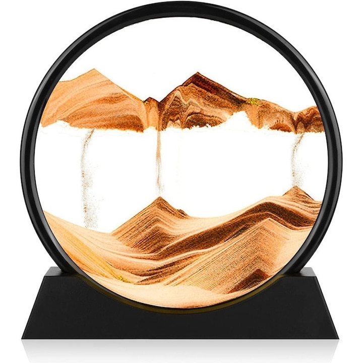 Obiect decorativ Macvi® cu efect 3D din nisip, masa rotativa 360°, baza din plastic, sticla si nisip, 18x19 cm, Galben