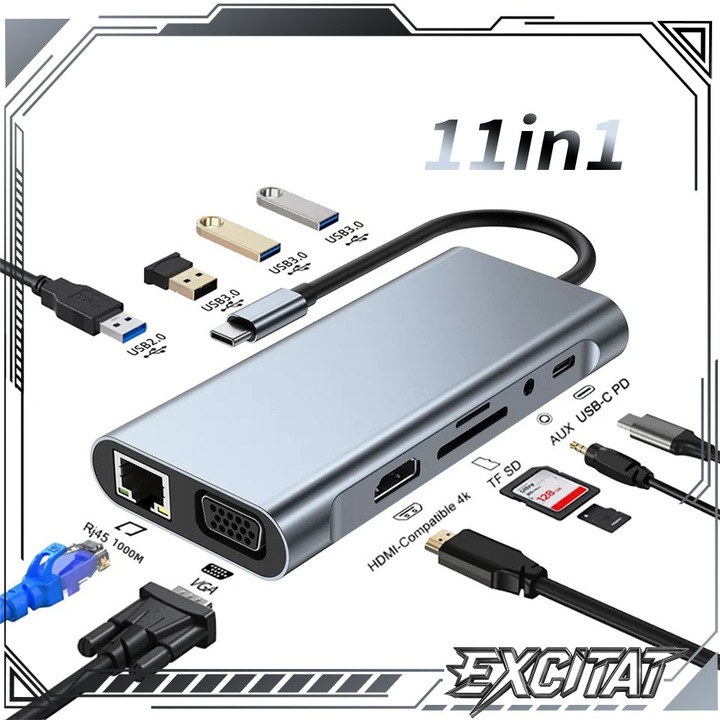 Excitat®, докинг станция USB C 11-в-1, многофункционален USB-C хъб адаптер HDMI 4K, VGA, RJ45, четец на SD/TF карти, 3 USB порта, PD 100W, универсална съвместимост