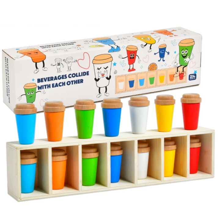 Oktató játék, Tanuld meg a színeket és fejleszd a memóriát, MzcrJosv®, 26 darab, Montessori stílus, 14 fa palack, kognitív fejlesztés, szem-kéz koordináció, Többszínű