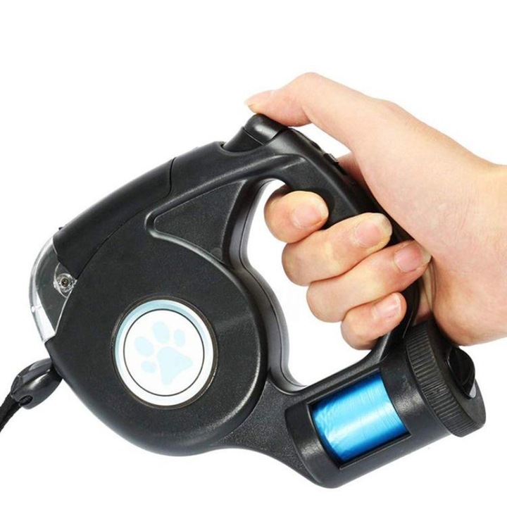 Lesă retractabilă automată pentru câini – Pet & More neagră, 5 m, cu iluminare LED și suport pentru pungi