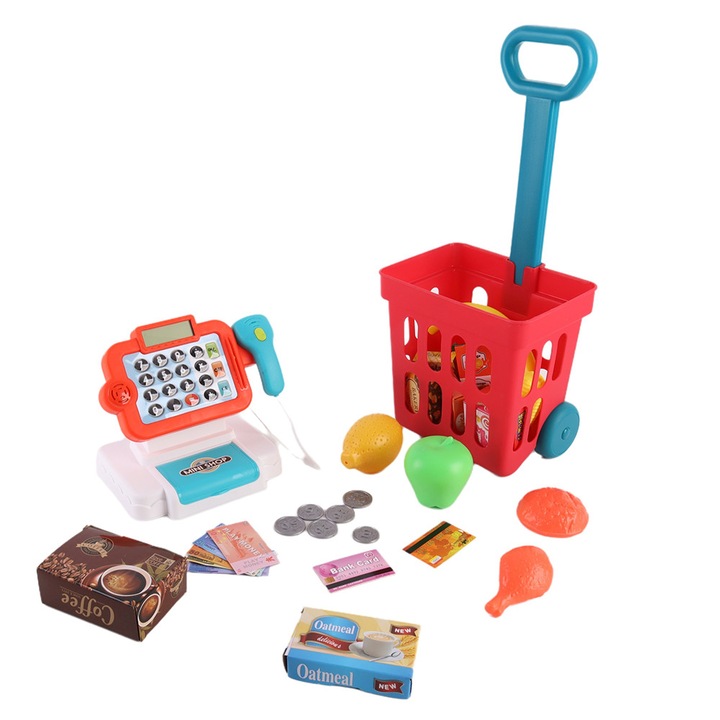 Casă de marcat de magazin de jucării Leziter cu cărucior de cumpărături plin, 32 buc