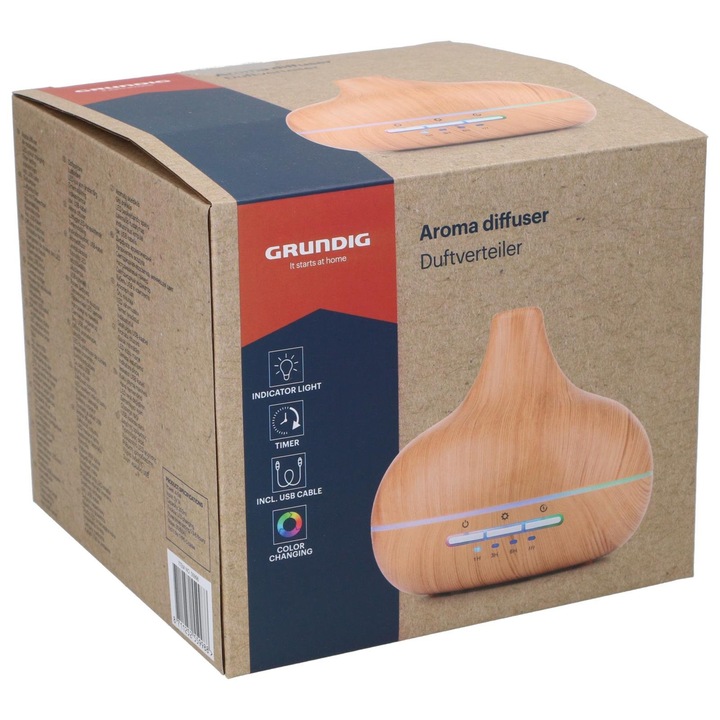 Difuzor de ulei esential, aromaterapie Grundig, cu iluminare led 7 culori schimbatoare, timer, rezervor 350 ml, USB