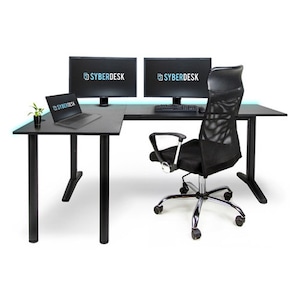 Birou de gaming SyberDesk coltar V2 LED, 197 x 132 cm, masa de gaming RGB in forma de L, HUB USB, management cabluri, birou pentru calculator in forma de L (stanga, negru)