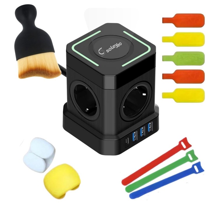 Удължител тип кула, Soleyso®, с безжично зареждане 15W, 3x USB-A, 1x USB-C, 4x AC контакта, 4000W, Защита за деца, 1x фина четка за прах, 5x етикета за кабели, 2x щипки за организиране, 3x гъвкави органайзера за кабели включени